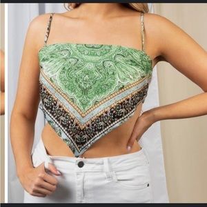 Cloud Ten Satin Bandana Top : Meet Me in Greece / Green Fabrik NWT